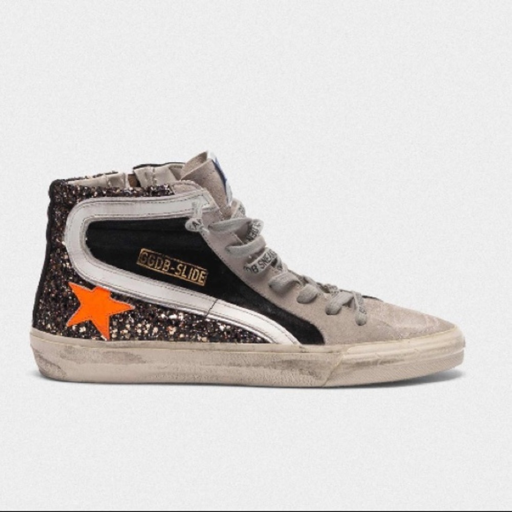 Golden Goose Slide Black/Gold Glitter Orange Star - Picture 12 of 12